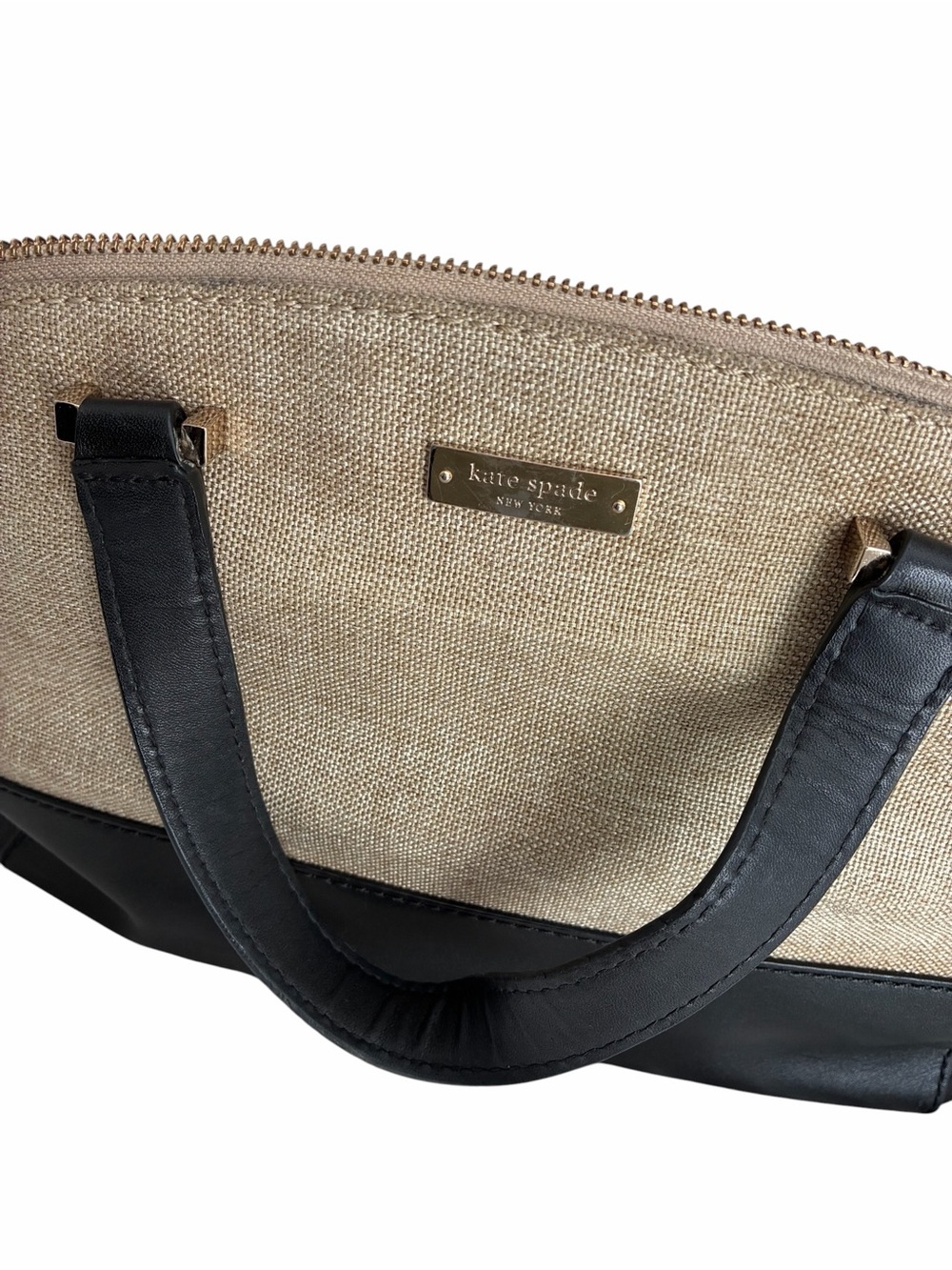 kate spade Beige and Black Canvas Tote with Gold Plaque
